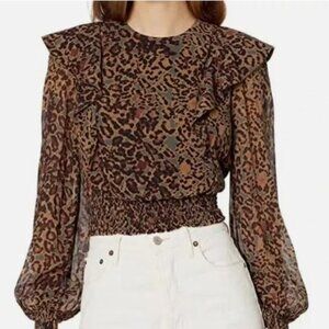 ALLSAINTS Elodie Halftone Leopard Ruffle Crop Blouse Top Spiced‎ Honey Brown